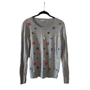HALOGEN by Nordstrom‎ Beaded Rhinestone Gem Jeweled Gray Sweater Women’s M